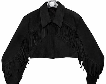 Black Suede Fringe Jacket Cropped Western Boho Cowgirl Statement Coat