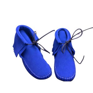 Handmade Blue Suede Moccasins | Fringe Leather Soft Sole Shoes | Custom Native Style Unisex Ankle Boots