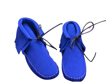 Handmade Blue Suede Moccasins: Fringe Ankle Boots, Soft Sole
