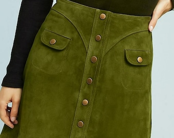 Olive Green Suede Mini Skirt: Snap Front A-Line Leather Skirt