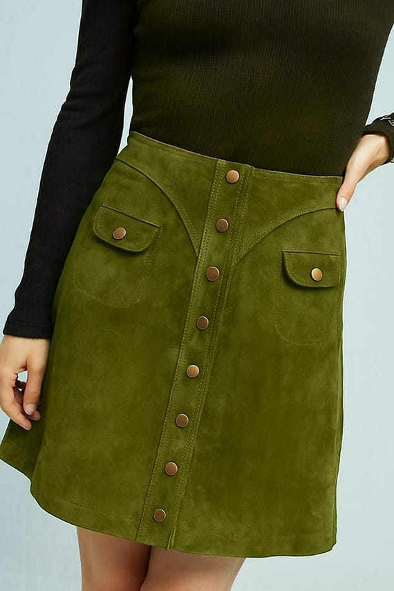 Olive Green Suede Mini Skirt: Snap Front A-Line Leather Skirt