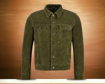 Men&#39;s Trucker Leather Jacket Olive Green Suede Casual Fashion Shirt Style Jacket, Trucker Suede Shirt