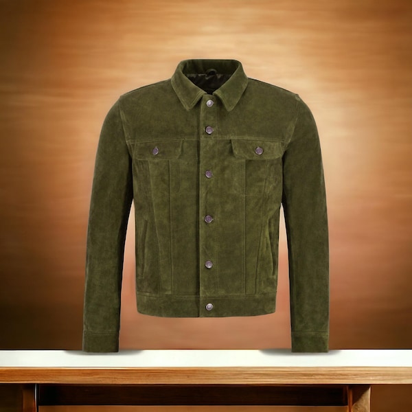 Blouson camionneur en daim vert olive pour hommes : style chemise décontractée
