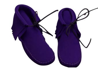 Handmade Purple Suede Moccasin Boots: Fringe Ankle Shoes