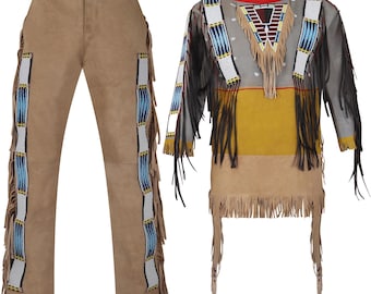 Handmade Suede Powwow War Shirt & Pants: Beaded Fringe Western Wear