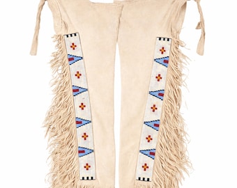 Leggings de gamuza hechos a mano con cuentas, estilo nativo americano, con flecos, estilo western, boho, ideales para festivales, regalo para mujer.