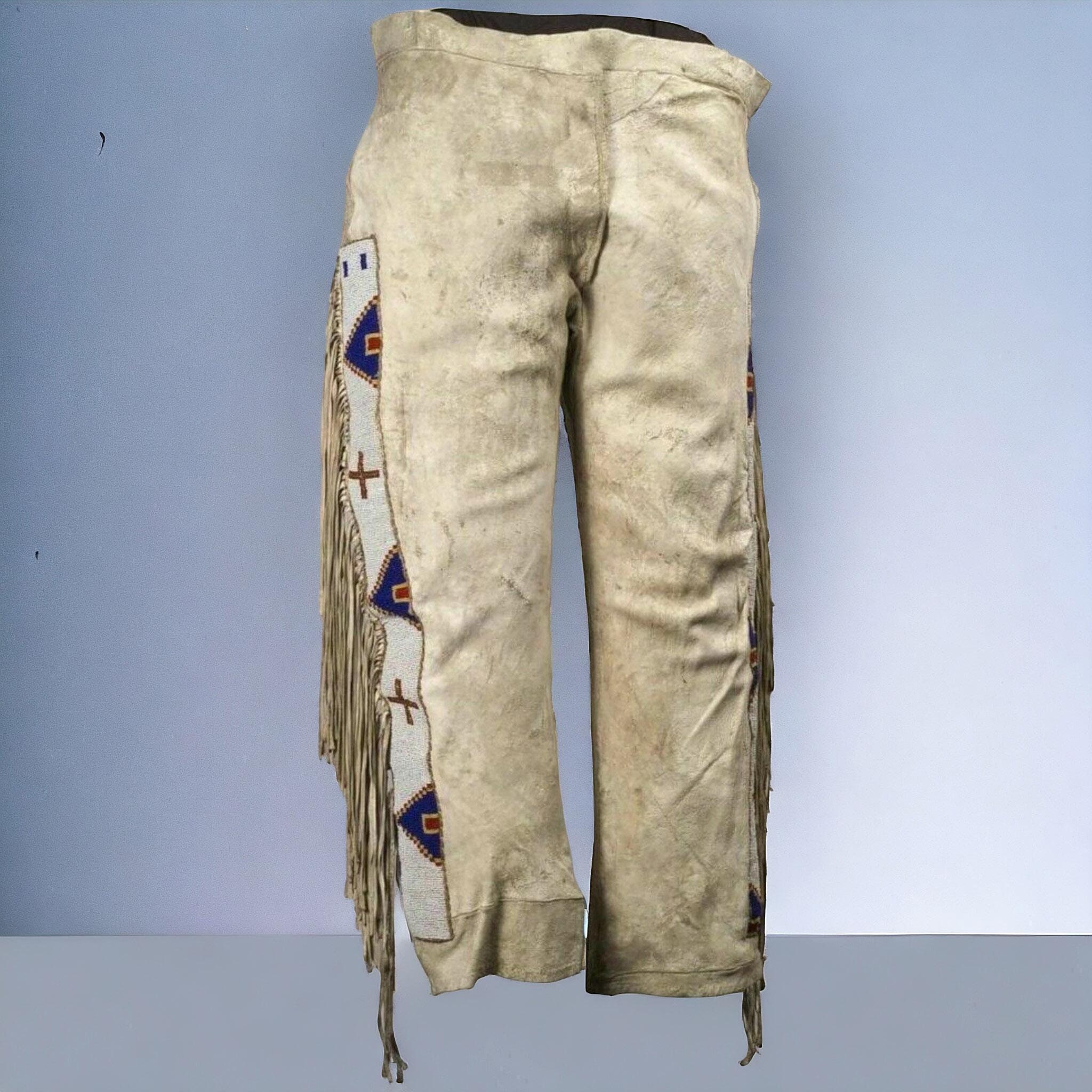 Native Suede Pant-Mens Native American Genuine Suede Leather Fringe Pants Long Beads-Western Beaded Suede Pant-Pantalón de ante nativo