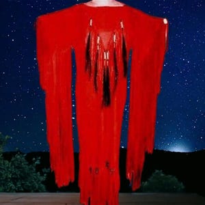 Women&#39;s Red Leather Long Beaded Fringes Wedding Dress Powwow Regalia