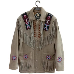 Veste chemise amérindienne en cuir suédée western avec franges, perles et arêtes faites main pour hommes