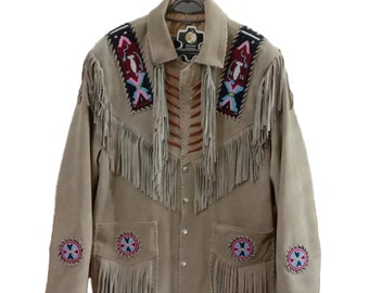 Handmade Suede Leather Fringes Jacket With Native Beaded Western Cowboy Style
