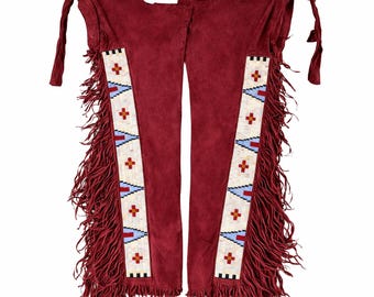 Leggings de gamuza para hombre, estilo nativo americano, con cuentas, flecos, ropa de festival occidental, regalo, hecho a mano, estilo boho.