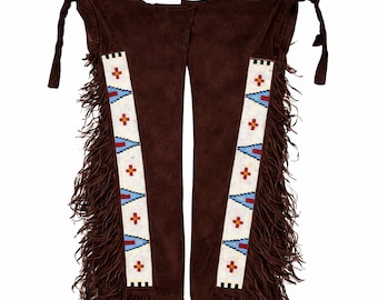 Handmade Brown Leather Fringe Chaps Leggings Beaded Western Native American Style Biker Festival Vintage