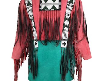 Handmade Suede Leather Powwow Shirt: Beaded Fringed War Shirt