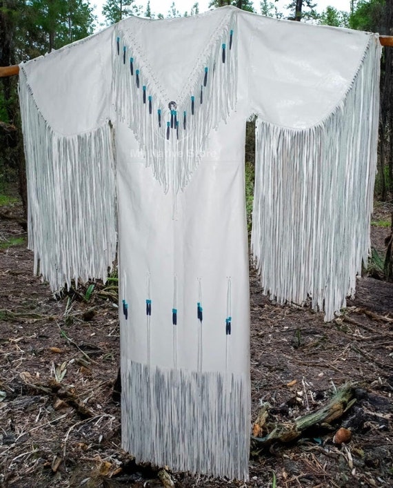 Handmade White Leather Fringed Dress: Beaded Powwow Regalia