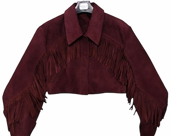 Burgundy Suede Fringe Cropped Jacket Western Boho Festival Leather Statement Women Coat Vintage Style