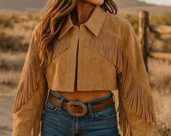 Cowgirl Cropped Suede Jacket Tan | Western Fringe Leather Jacket Women