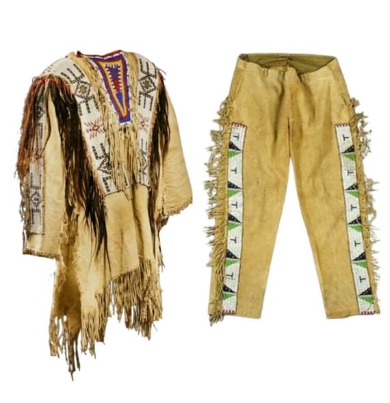 Handmade Suede Powwow War Shirt & Pant: Beaded Fringe Western Outfit