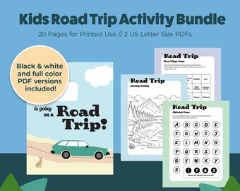 May include: A Kids Road Trip Activity Bundle with the text "Instant Download" at the top. The bundle includes 20 pages for printed use, with black and white and full-color PDF versions. The cover features a teal car and the words "Road Trip".