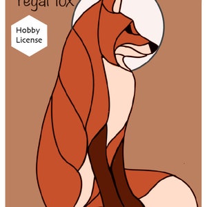May include: A stained glass style illustration of a regal fox sitting with its tail curled behind it. The fox is orange and brown with a white circle behind it. The text "regal fox" is above the fox and "Hobby License" is below the fox.