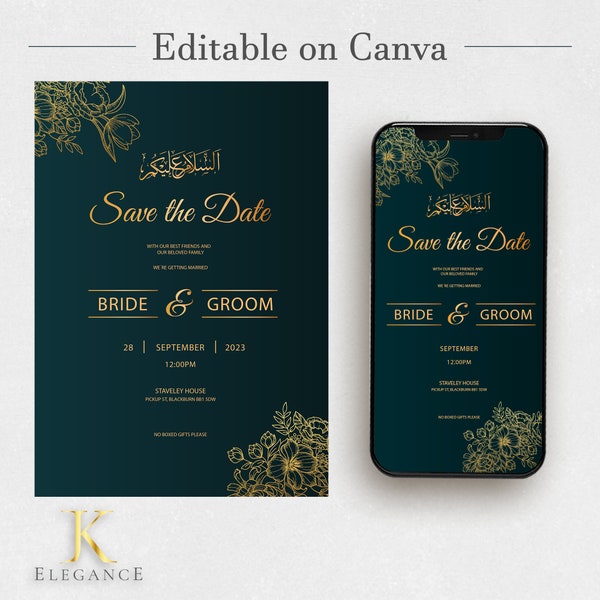 Digital Muslim Wedding Invitation Template, Electronic Emerald Green Gold Floral Nikah Invite, Islamic Walima Card Editable Reception Evite