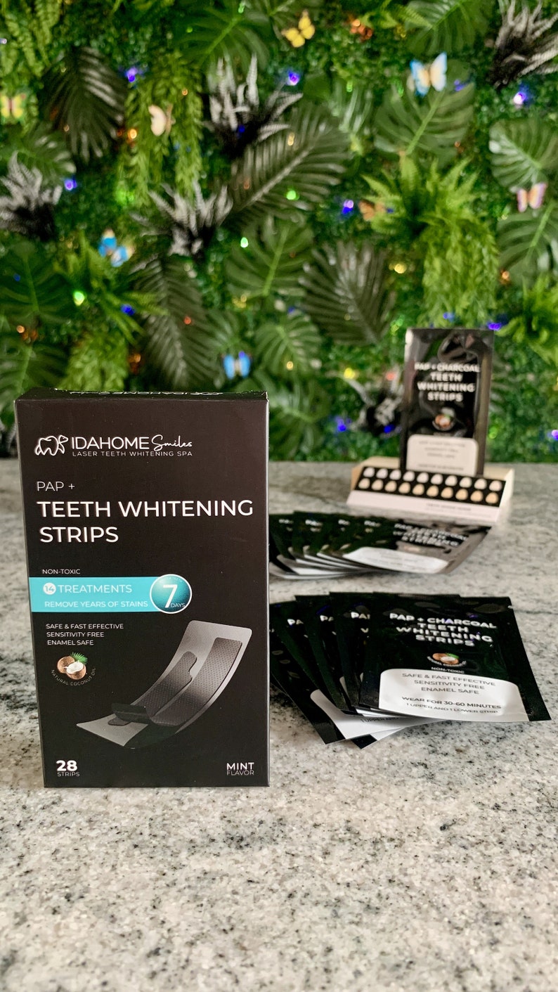 Discover easy whitening with Idahome Smiles' Arctic Frost PAP+ Strips. 28 strips for quick 30-minute sessions. Ideal for on-the-go lifestyles, brighten your smile without any mess.