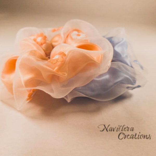 Double Layer Daisy Scrunchie Thick Elastic For Thick or Thin Hair, Peach, Sky Blue, Made with Satin and Tulle