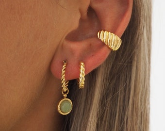 Natural Stone Gold Earring Set  Light Green Gemstone Earrings  Unique Minimalist Ear Stack  Twisted Huggie Hoop  Drop Pendant Earring