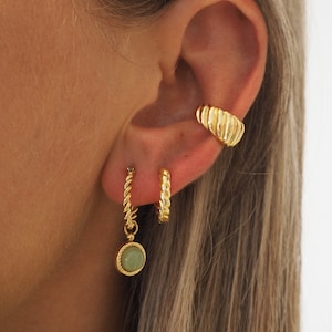 Natural Stone Gold Earring Set  Light Green Gemstone Earrings  Unique Minimalist Ear Stack  Twisted Huggie Hoop  Drop Pendant Earring