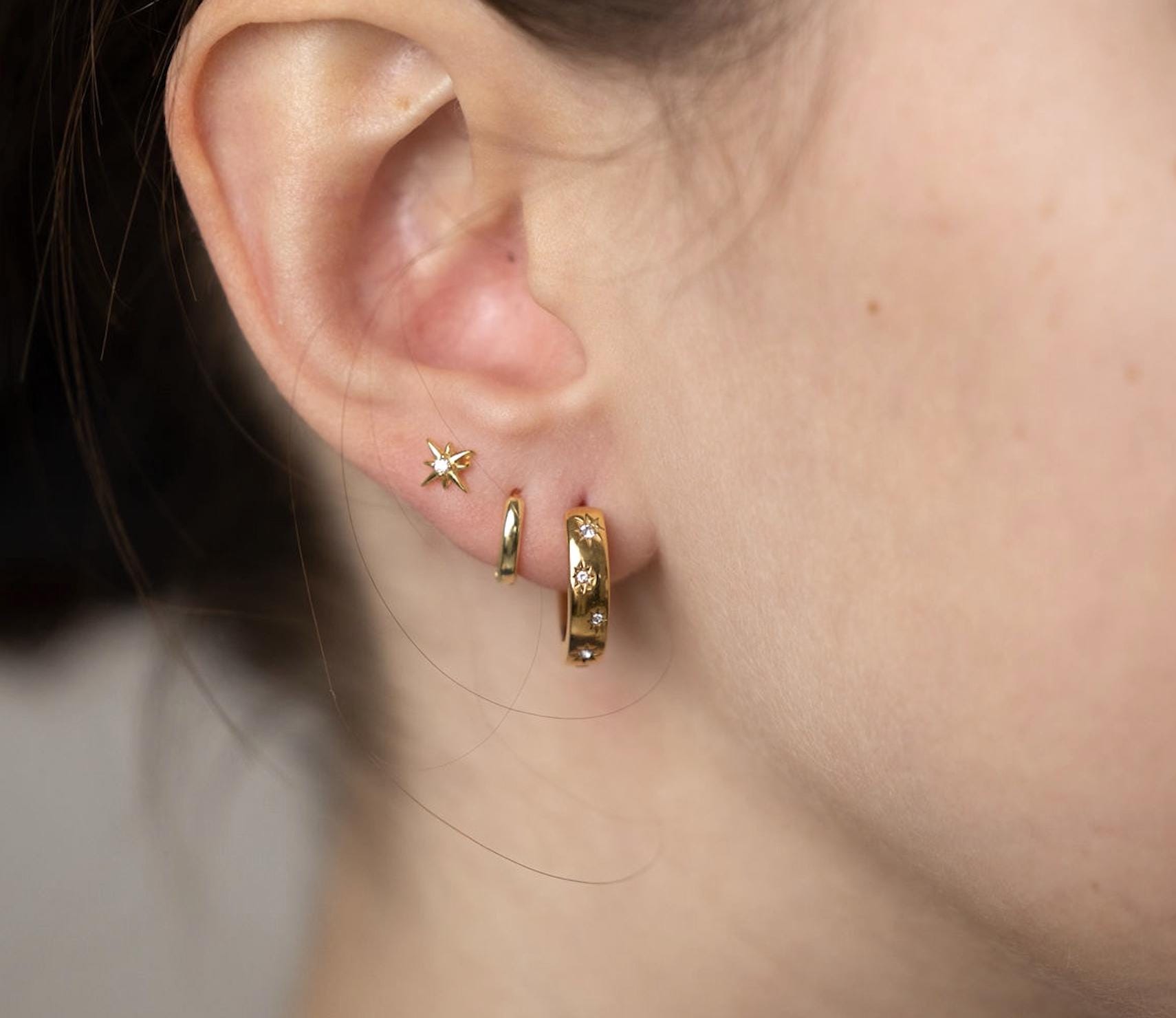 Stackable Ear Piercing Pierced Earring Set Gold Stacking Earring Hoops, Minimal Gold Ear Stack ...