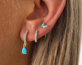 Blue silver earring stack, Turquoise sterling silver earring set, Silver Earring Set for Multiple Piercing, Christmas Earring Gift Blue Set