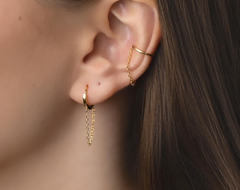 Oorbellen met draad | Doortrekken van dubbele piercing-oorbelketting | Draadje in het oor | Kleine ringinrijgeroorbel | Dagelijkse oorbellen | Kerstcadeau