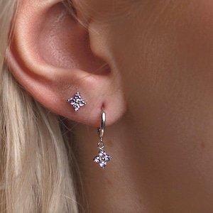 Flower Huggie Hoop Earring Set Dainty Purple Earrings Every Day Ear Stack Elegant Earrings Gift Set Sterling Silver Gif Set For Daughter