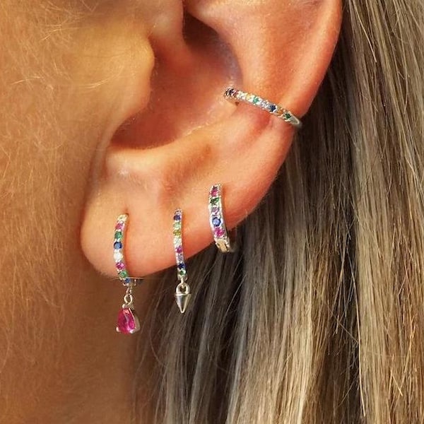 Colorful Silver Earring Set Minimalist Earrings set for Multiple Piercing Everyday Silver Ear Stack Small Silver Stacking Earrings 3 Lobe