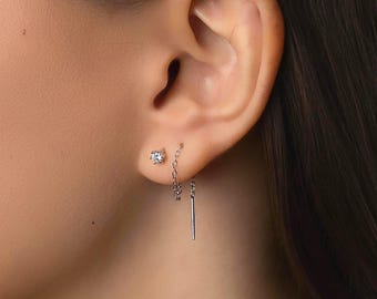 Doortrekoorbellen | Oorbellen met draad | Dubbele piercing-oorbelketting | Draadje in het oor | Waterdichte alledaagse oorbellen | Kerstoorbelcadeau