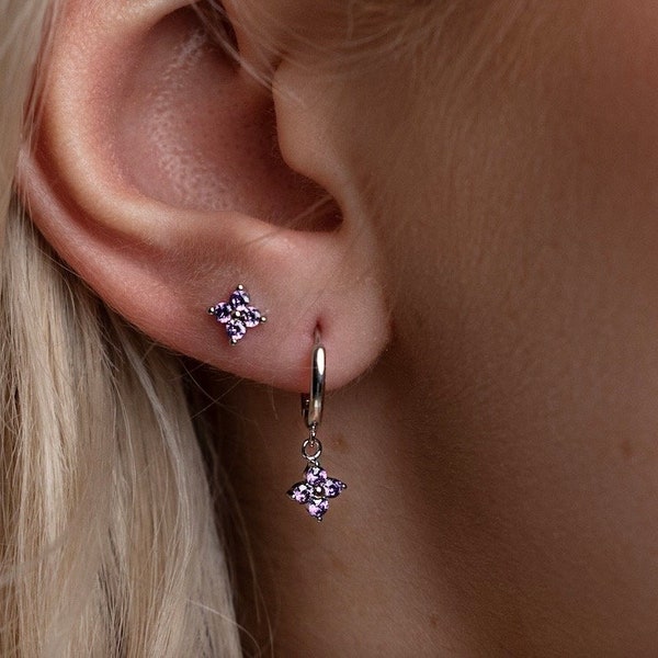 Juego de pendientes de aro con forma de flor, delicados pendientes morados, pendientes elegantes apilables para todos los días, juego de regalo de plata de ley, regalo para hija