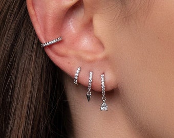 Ensemble de boucles d'oreilles empilables en argent, empilage minimal pour plusieurs piercings, boucles d'oreilles de tous les jours pour cadeau fille