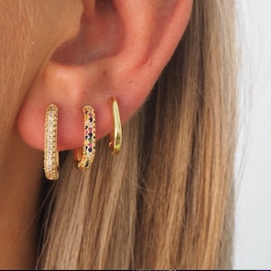 Colourful Gold Earring Stack Set Gold Link Hoop Ear Stack Set Triple Earring Set For Multiple Piercing Gold Hoop Earring Set of 3 Piece Hoop