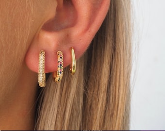 Colourful Gold Earring Stack Set Gold Link Hoop Ear Stack Set Triple Earring Set For Multiple Piercing Gold Hoop Earring Set of 3 Piece Hoop