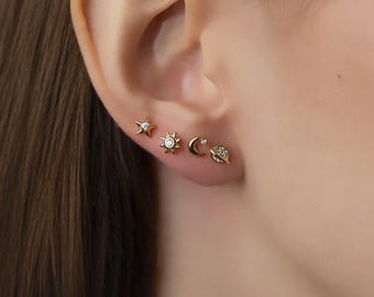Silver Ear Stud Set, 4 Pcs Earring Stack, Minimalist Earring Set Multiple Piercings, Tarnish Free Everyday Earring Set, Christmas Earrings