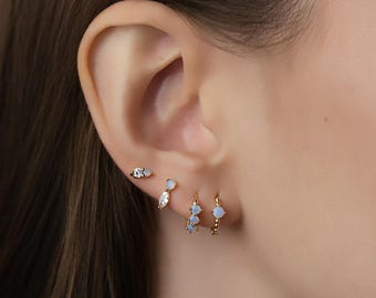 Opal Hoops Stud Earring Set, 925 Sterling Silver Earrings Set, Everyday Earrings, Everyday Earrings Set,  Opal Earrings Christmas Gift,