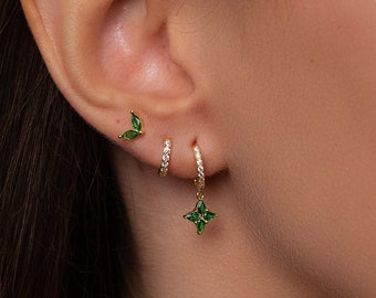 Emerald Gold Hoop Earring Set, Gold Dangle Emerald Hoop, Earring Stack Set, Triple Earring Set For Multiple Piercing, Stacking Earring Set