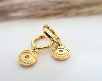 Gold Evil Eye Earrings, Huggie Hoop Dangle Earrings ,Gold Hoop Drop Earring ,Round Drop Minimalist Earring, Evil Eye Protection Pendant Hoop