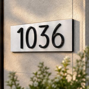 May include: A rectangular house number sign featuring the digits 1036 in a bold, black, sans-serif font. The numbers are mounted on a brushed silver-toned metal plate with a clean, flat surface, attached to a textured light-colored wall.