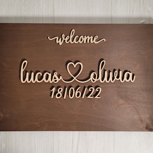 Alternativa de libro de invitados de madera personalizada / Decoración de boda / Señalización de boda / Signo de bienvenida / Regalo de boda, / Signo de nombre de familia 3D rústico