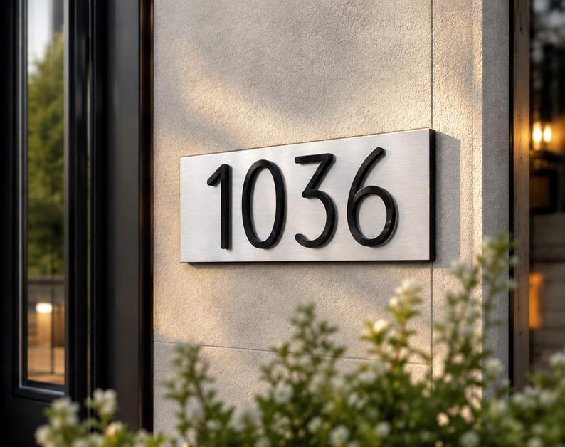 May include: A rectangular house number sign featuring the digits 1036 in a bold, black, sans-serif font. The numbers are mounted on a brushed silver-toned metal plate with a clean, flat surface, attached to a textured light-colored wall.