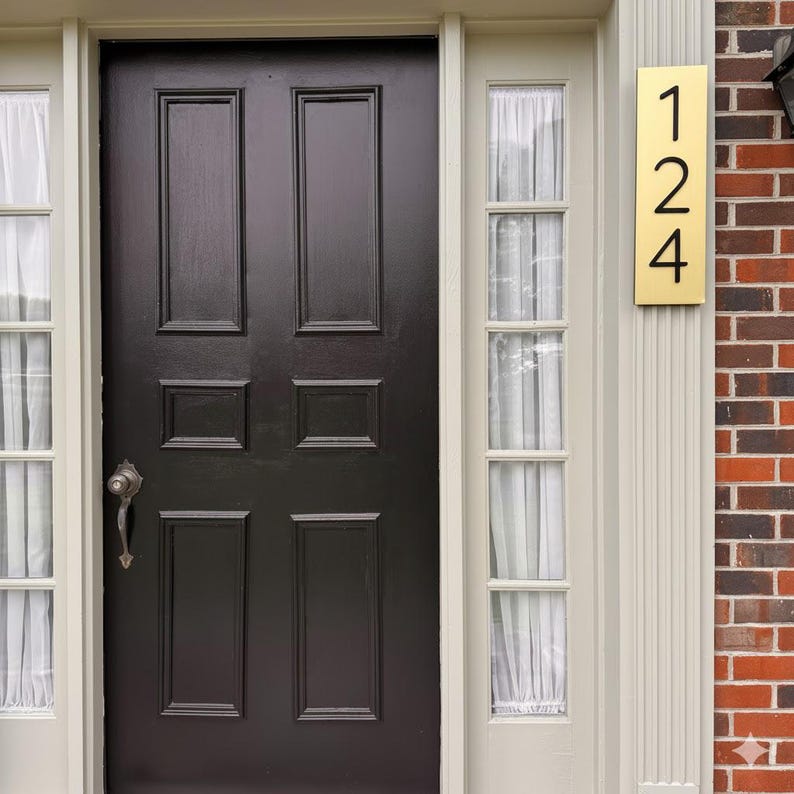 May include: A rectangular brass house number plaque featuring the black digits 1, 2, and 4 vertically aligned. The plaque is mounted on a cream-colored door frame next to a dark brown six-panel door with a silver handle and side windows.