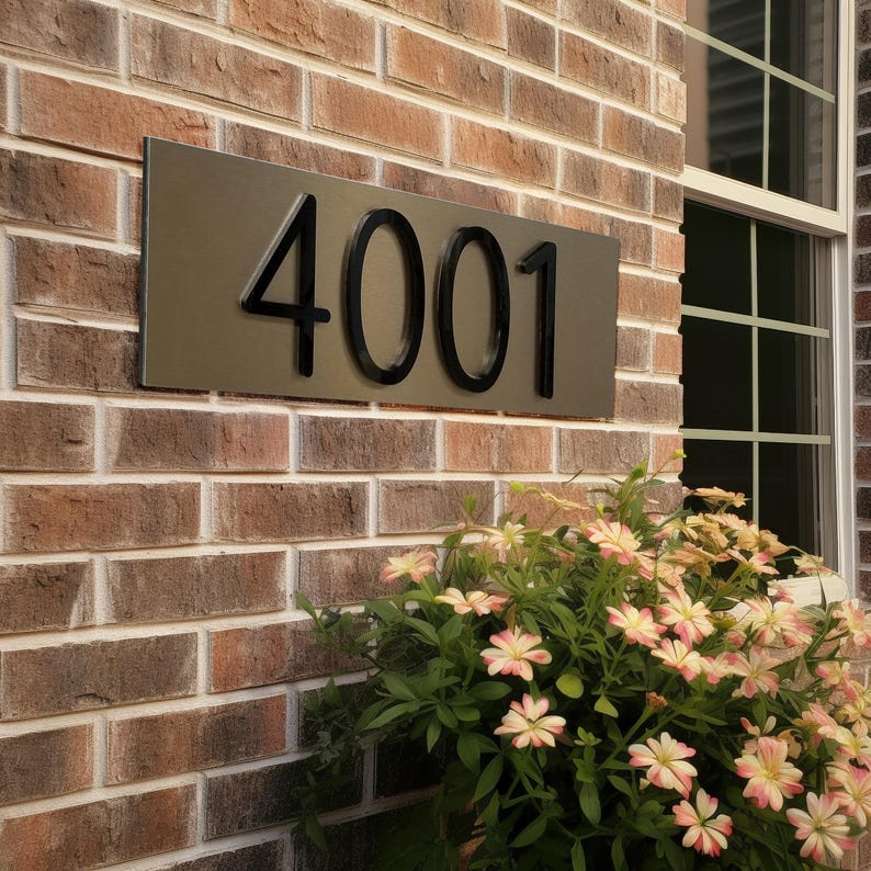 May include: A rectangular house number plaque featuring the black digits 4001 mounted on a flat, dark bronze-colored metal surface. The plaque is attached to a textured brick wall, positioned above a cluster of light pink and white flowers.