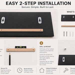 May include: A black rectangular address sign with two silver keyhole mounting slots on the back. The instructional graphic displays a two-step installation process including a mounting template, two screws, and two wall anchors for secure wall attachment.