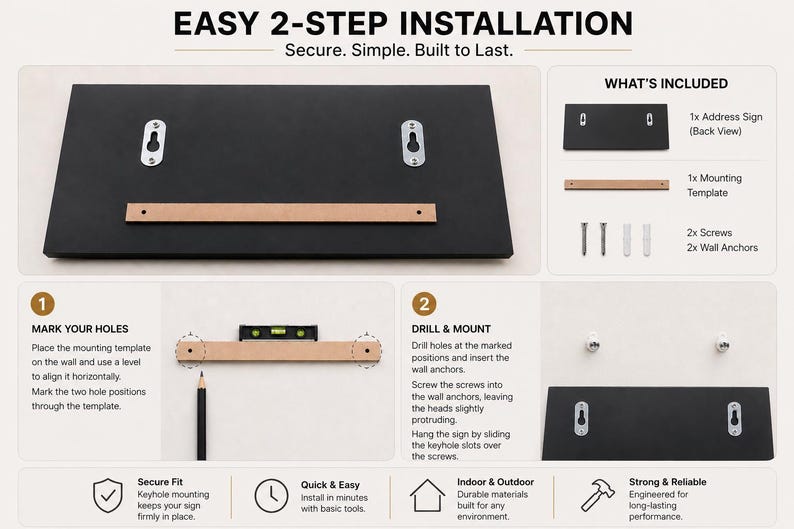 May include: A black rectangular address sign with two silver keyhole mounting slots on the back. The instructional graphic displays a two-step installation process including a mounting template, two screws, and two wall anchors for secure wall attachment.