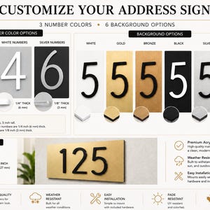 May include: A customizable address sign display featuring acrylic numbers in black, white, or silver. Background options include white, gold, bronze, black, silver, and walnut. The numbers are 5 inches tall, with black and white versions 1/4 inch thick and silver versions 1/8 inch thick.
